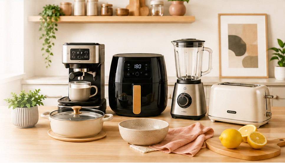 Kitchen countertop with espresso machine, air fryer, blender, and toaster - HomeNoche home appliance reviews