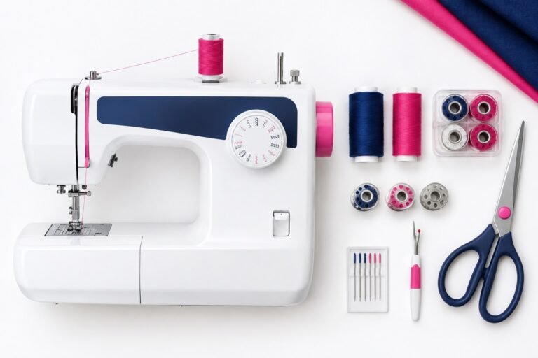 White and navy sewing machine threaded with pink thread, surrounded by spools, bobbins, needles, a seam ripper, and scissors