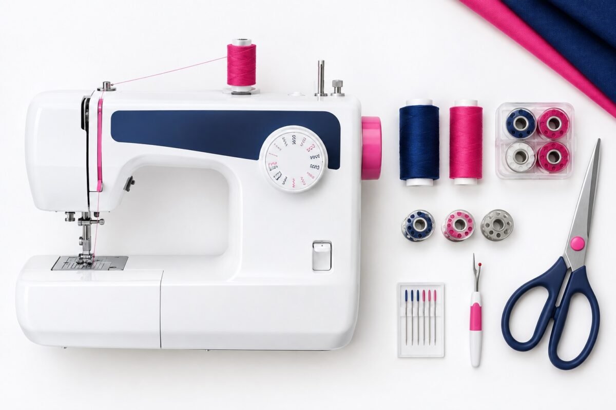 White and navy sewing machine threaded with pink thread, surrounded by spools, bobbins, needles, a seam ripper, and scissors