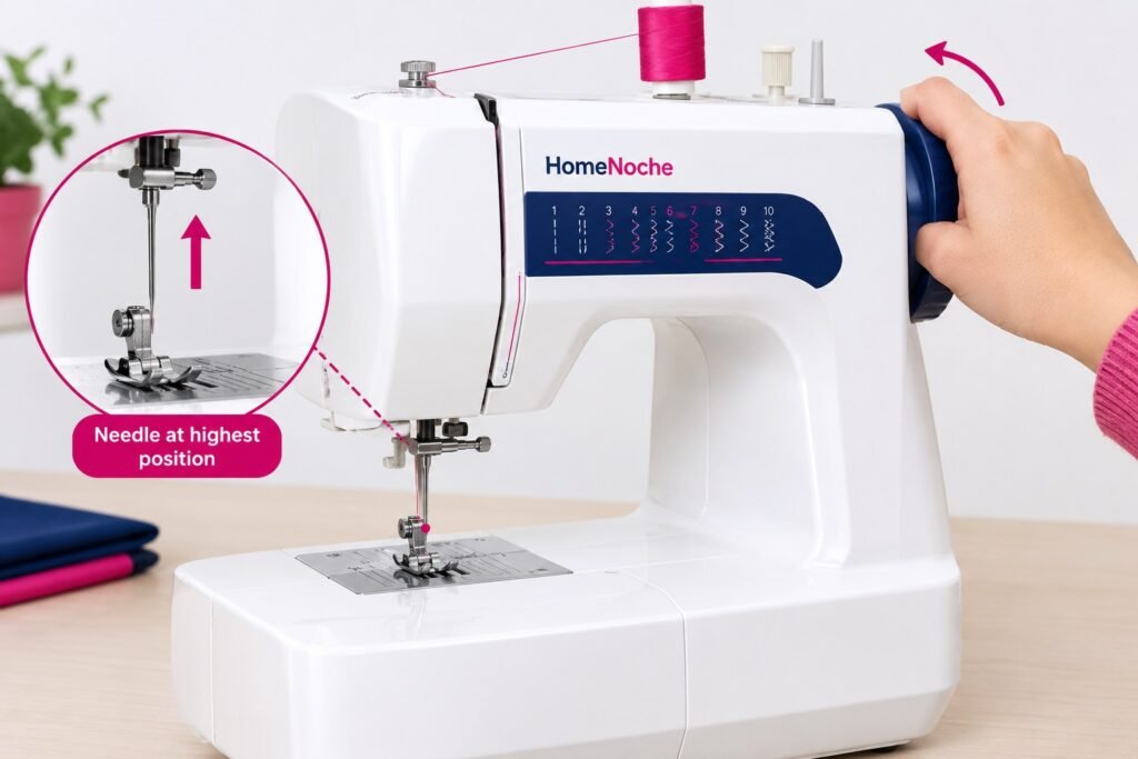 Hand turning the handwheel on a white and navy sewing machine to raise the needle, with a close-up showing the needle at its highest position