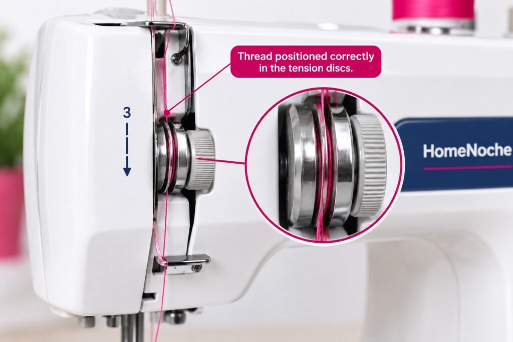 Close-up of pink thread seated between the tension discs of a white and navy sewing machine, with an inset showing the thread positioned correctly