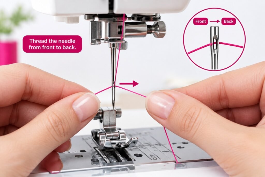 Two hands guiding pink thread through the eye of a sewing machine needle from front to back, with an inset showing the threading direction