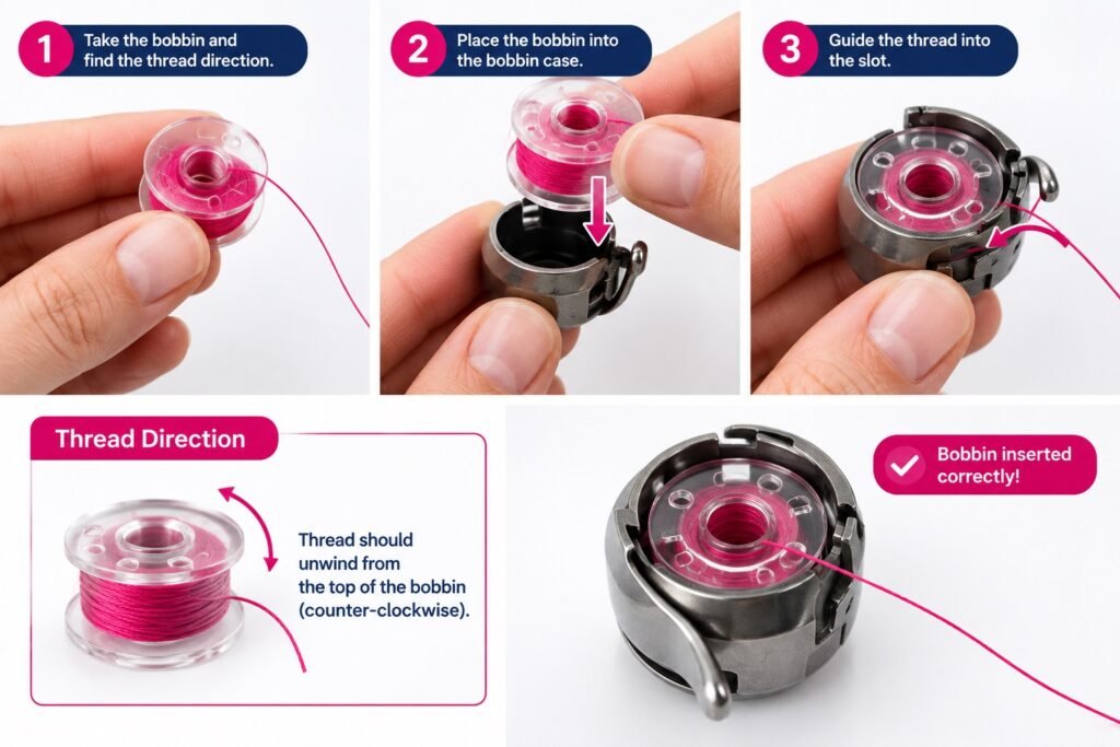 Step-by-step collage showing a pink bobbin being checked for thread direction, placed into the bobbin case, and the thread guided into the slot