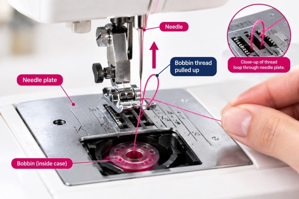 Close-up of a sewing machine needle plate with a loop of pink bobbin thread pulled up through the opening, with labels for the needle, needle plate, and bobbin