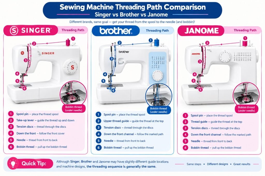 Infographic comparing the six-step threading path of Singer, Brother, and Janome sewing machines, from spool pin to bobbin thread, with a quick tip at the bottom