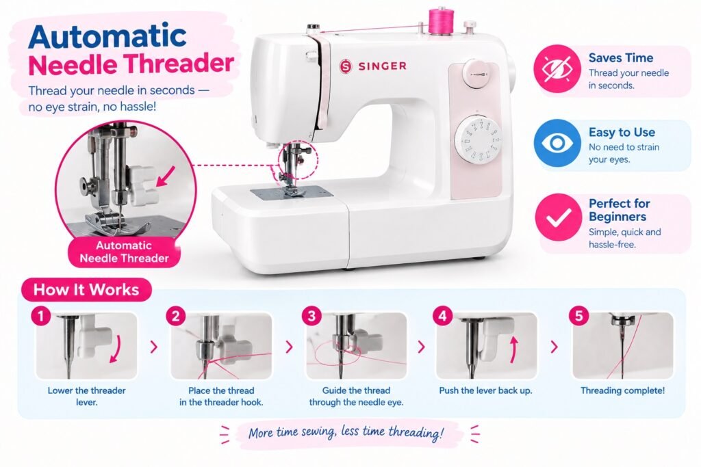 Infographic of a Singer sewing machine with an automatic needle threader, showing a close-up of the threader and five steps to thread the needle in seconds