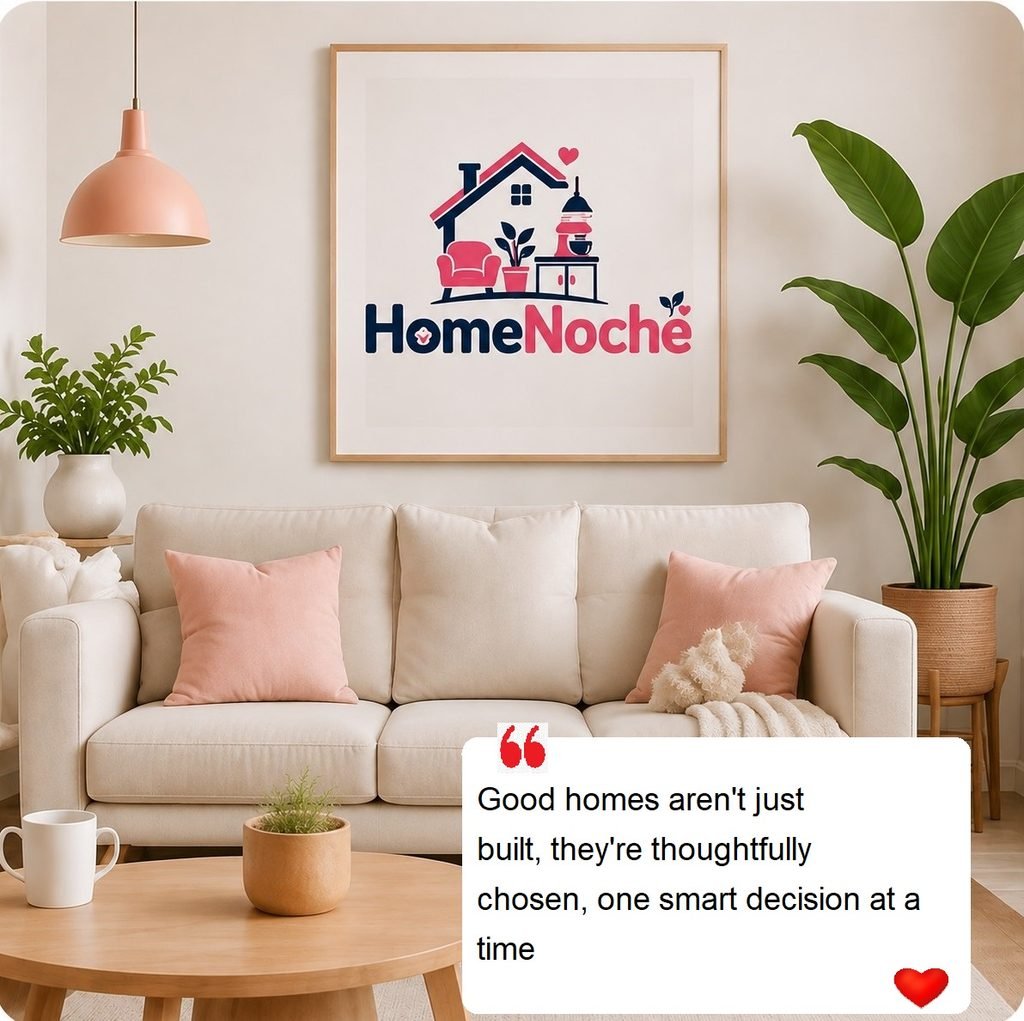 HomeNoche logo framed in a cozy living room with quote: good homes are thoughtfully chosen