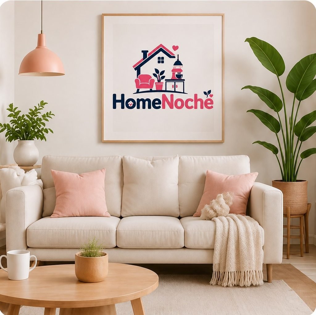 HomeNoche logo displayed above a beige sofa with pink cushions in a cozy living room setting.