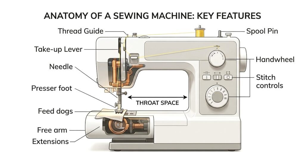 A side-view technical diagram of a modern sewing machine labeled with key anatomical parts, including the needle, presser foot, feed dogs, free arm, throat space, and stitch controls.