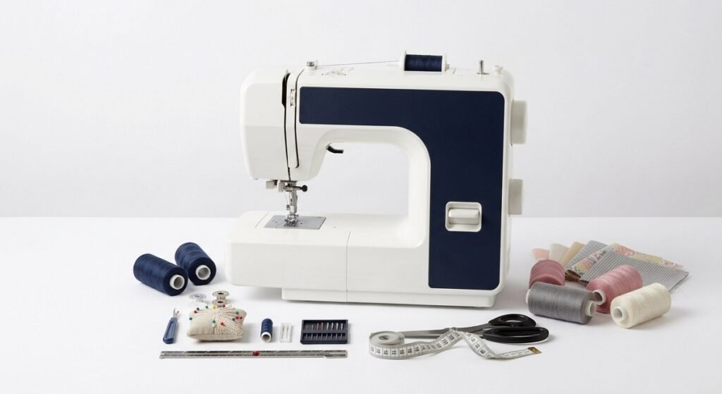 Beginner sewing machine with essential sewing tools, thread spools, scissors, measuring tape, needles and pincushion
