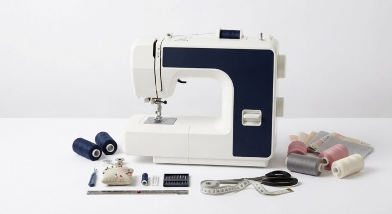 Beginner sewing machine with essential sewing tools, thread spools, scissors, measuring tape, needles and pincushion