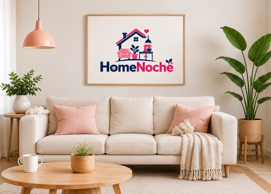 Editorial Policy | HomeNoche logo displayed above a beige sofa with pink cushions in a cozy living room setting.