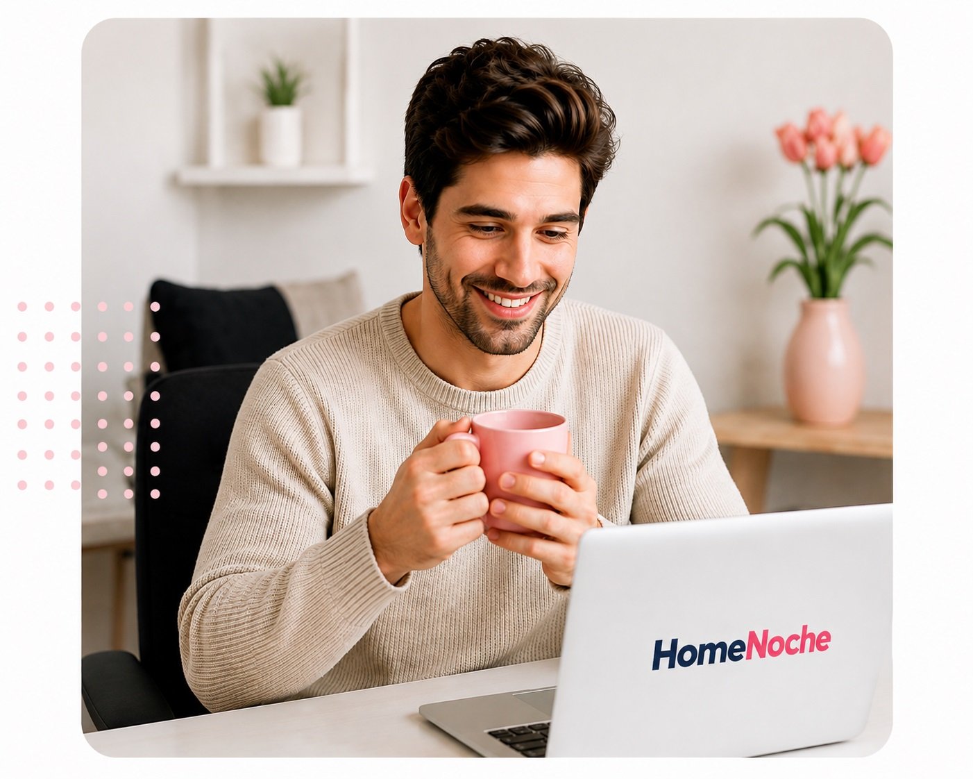 HomeNoche author browsing the website on a laptop while enjoying coffee at home