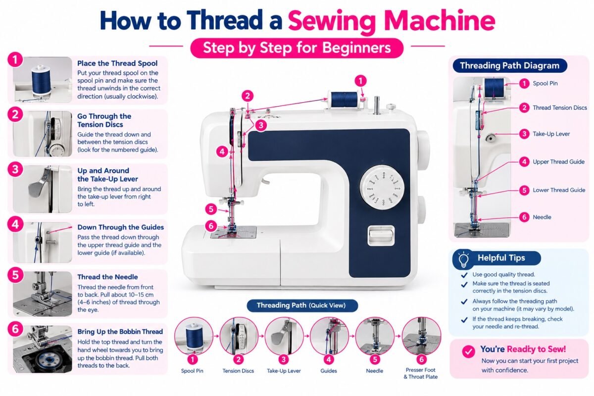 Infographic titled “How to Thread a Sewing Machine,” showing a sewing machine with numbered visual instructions for threading the spool, tension discs, take-up lever, thread guides, needle, and bobbin thread.