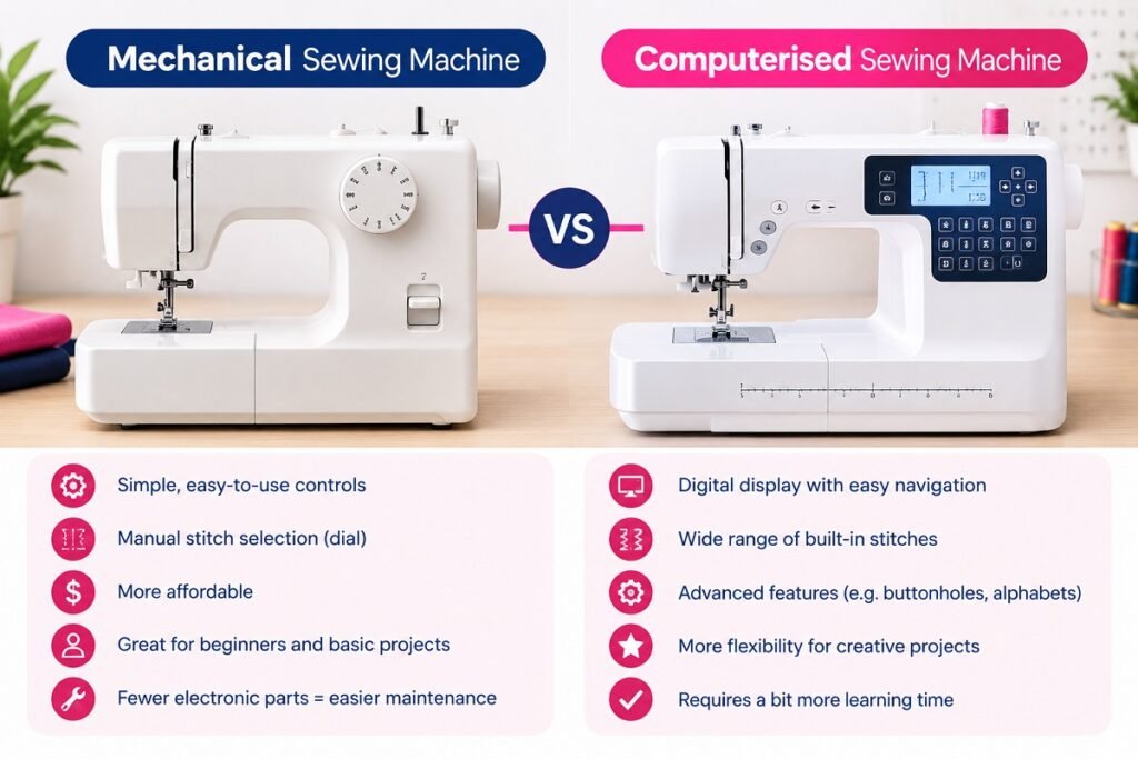 Infographic comparing mechanical vs computerised sewing machines, showing features like manual dial selection versus digital LCD display and built-in stitch options