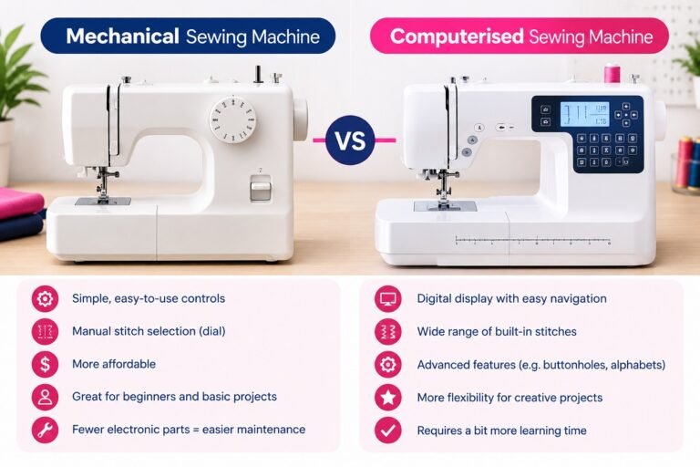 Infographic comparing mechanical vs computerised sewing machines, showing features like manual dial selection versus digital LCD display and built-in stitch options