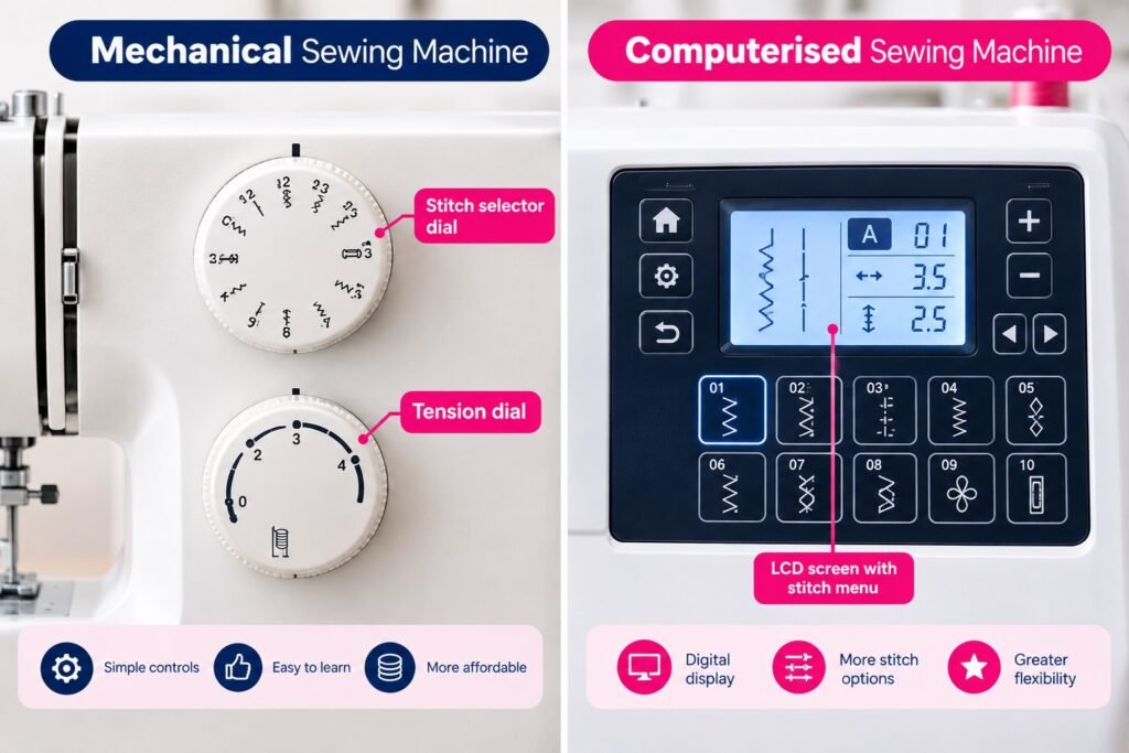 Close-up comparison of mechanical sewing machine dials versus computerised sewing machine LCD screen and stitch selection buttons