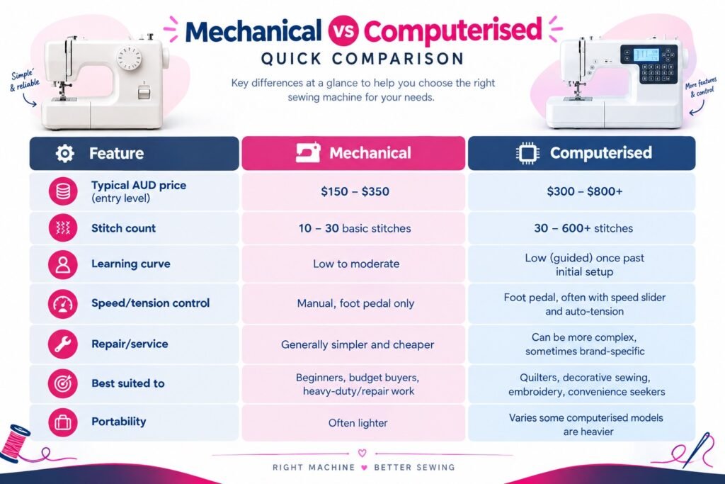 Quick comparison table of mechanical vs computerised sewing machines covering price, stitch count, learning curve, tension control, repair, and best uses