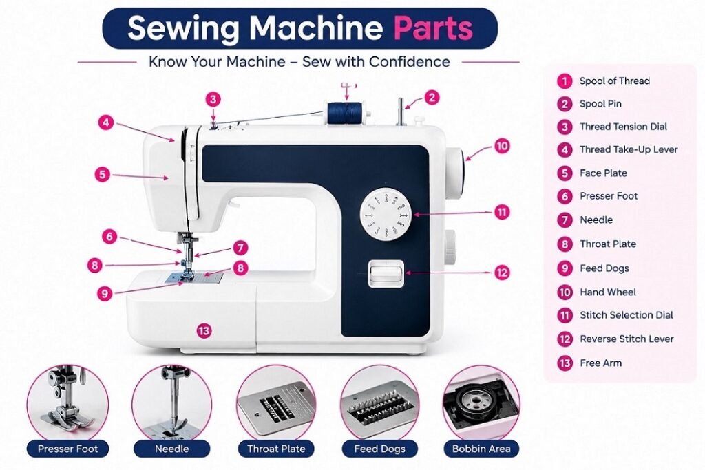 Diagram showing sewing machine parts labelled for beginners