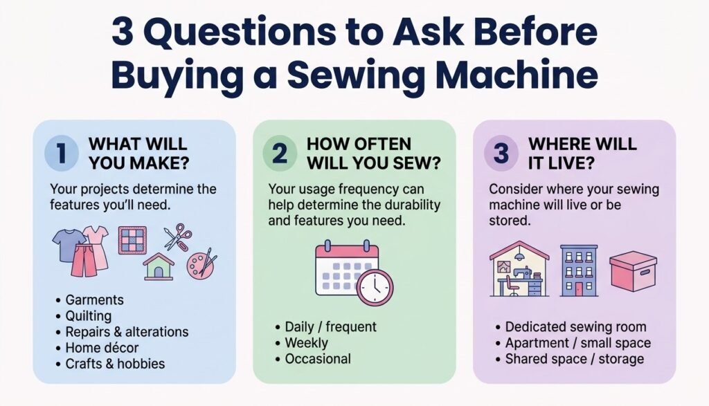 Infographic titled "3 Questions to Ask Before Buying a Sewing Machine" by HomeNoche, featuring three light-colored columns detailing project types, sewing frequency, and storage locations.