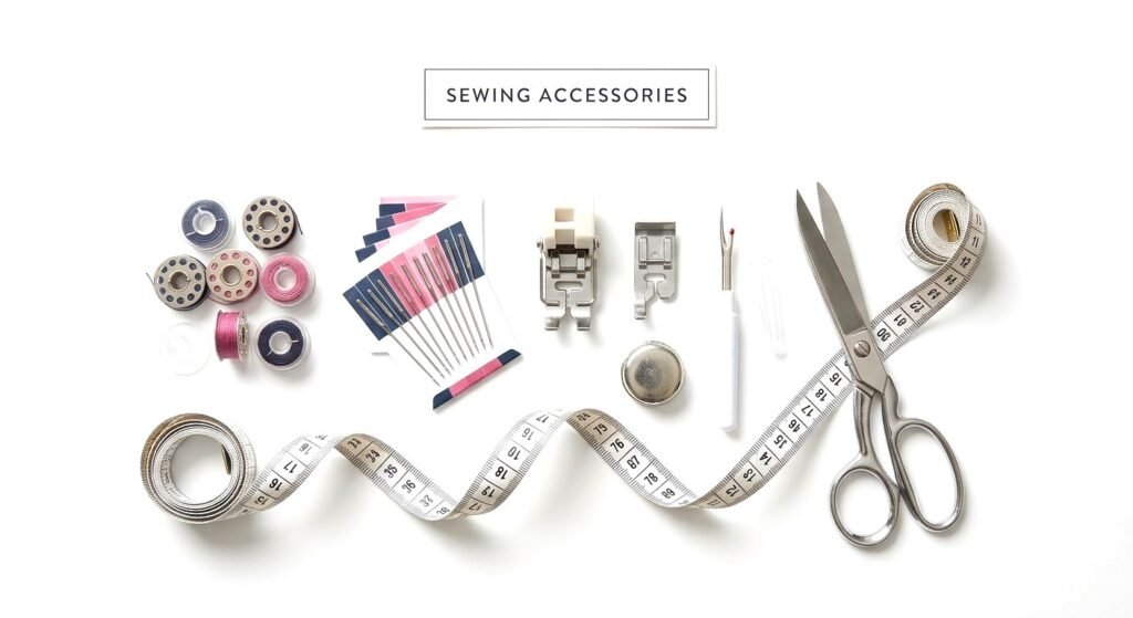 An overhead flat lay photograph of sewing accessories on a white background, including bobbins, a packet of needles, presser feet, a seam ripper, tailor's chalk, a tape measure, and scissors, with a label that reads "SEWING ACCESSORIES."