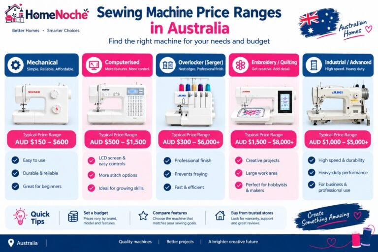 Sewing machine price ranges in Australia for mechanical, computerised, overlocker, embroidery and industrial machines