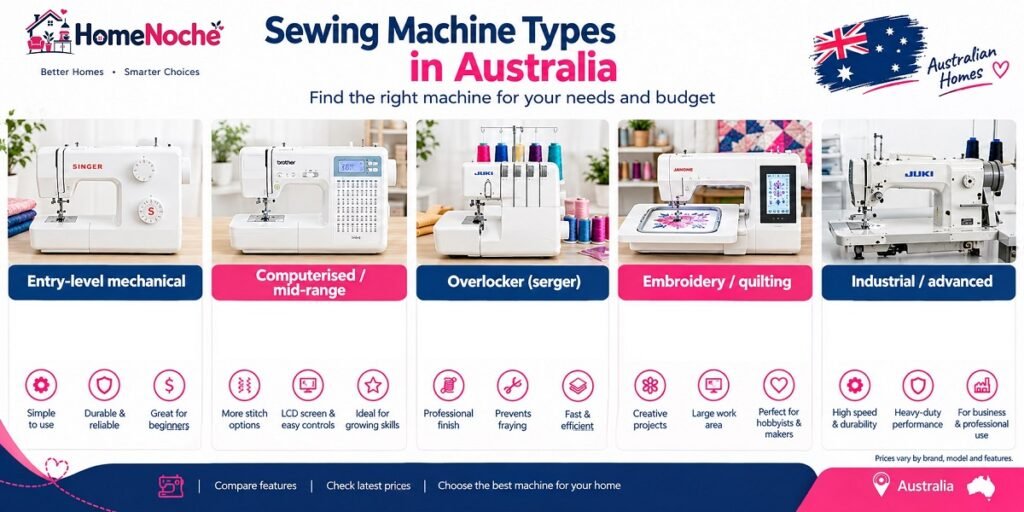 Sewing machine types in Australia including mechanical, computerized, overlocker, embroidery, and industrial machines