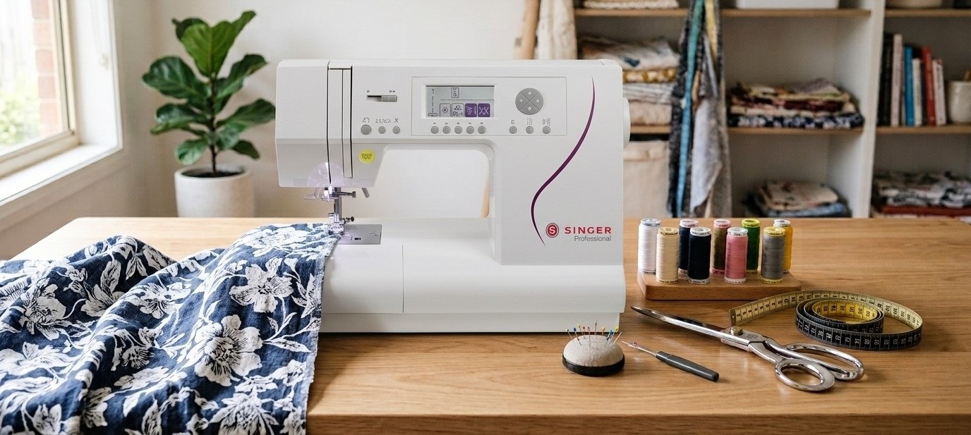 A white Singer Professional sewing machine sits on a wooden table alongside floral fabric, spools of thread, scissors, and a measuring tape in a brightly lit room.