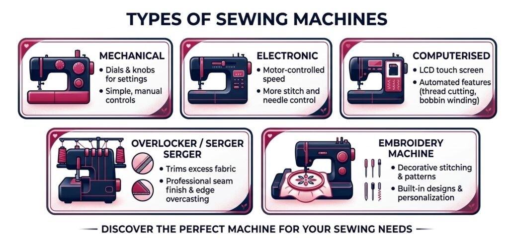 Infographic showing five sewing machines: Mechanical, Electronic, Computerised, Overlocker/Serger, and Embroidery.