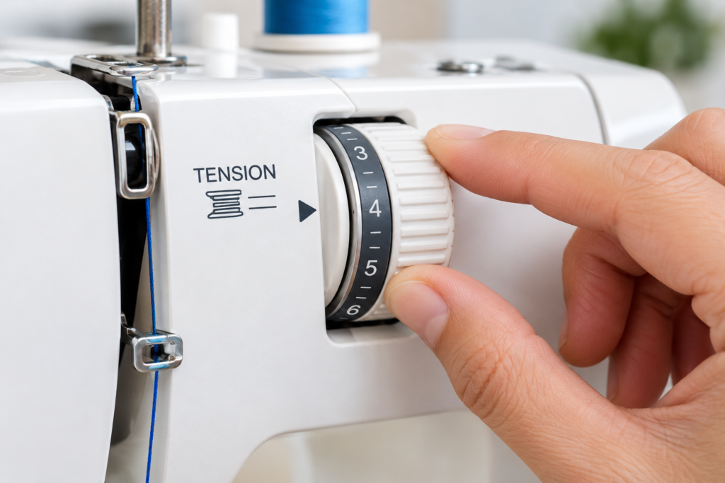 Close-up of a hand turning the white tension dial on a sewing machine, with the number 4 aligned to the marker arrow and blue thread running through the guides beside it.