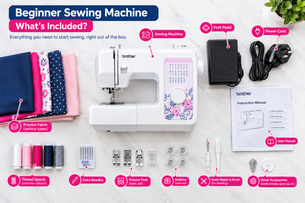 Beginner sewing machine kit flat lay featuring a Brother sewing machine, foot pedal, power cord, fabric, thread spools, needles, presser feet, bobbins, seam ripper and user manual.