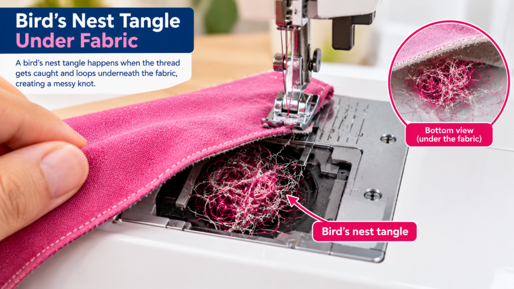 Close-up of a sewing machine with pink fabric lifted to reveal a messy bird’s nest tangle of pink and white thread in the bobbin area beneath the needle plate. An inset circle shows the bottom view of the tangled thread.