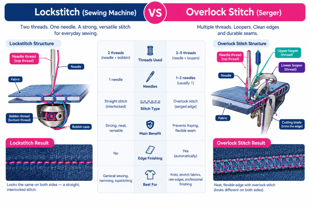 Lockstitch vs overlock stitch comparison showing thread structures, needles, loopers, fabric edges, and finished seams.