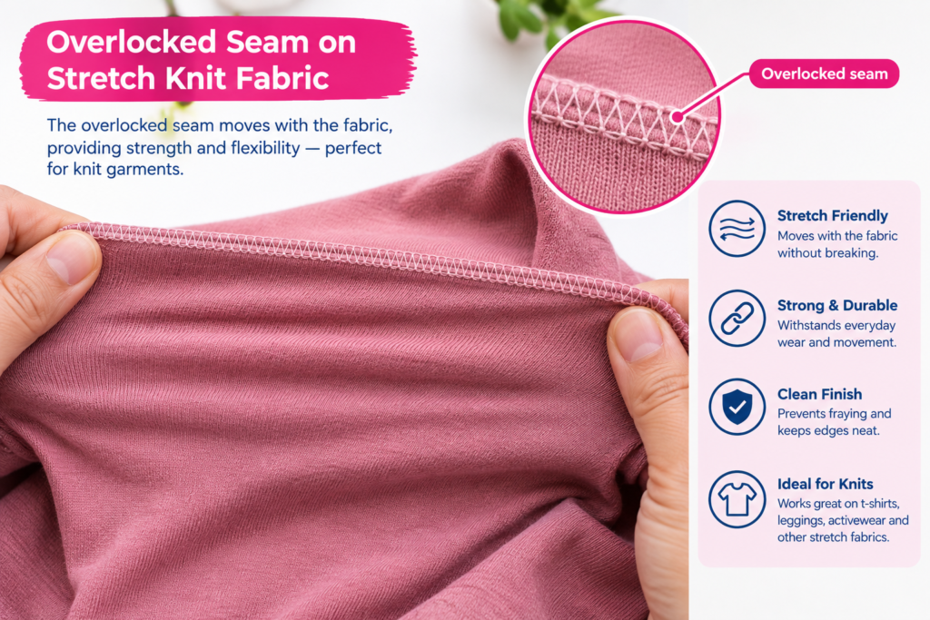 Overlocked seam on pink stretch knit fabric showing flexible stitching, a neat finished edge, and resistance to fraying.