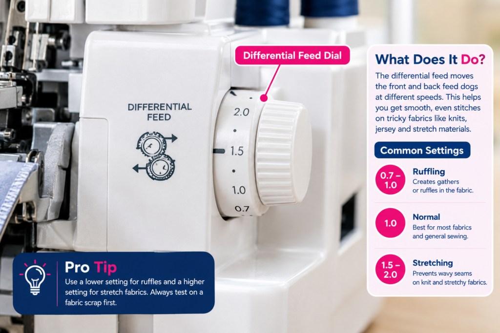 Overlocker differential feed dial guide showing settings from 0.7 to 2.0 for gathering fabric, normal sewing, and preventing wavy seams on stretch fabrics.