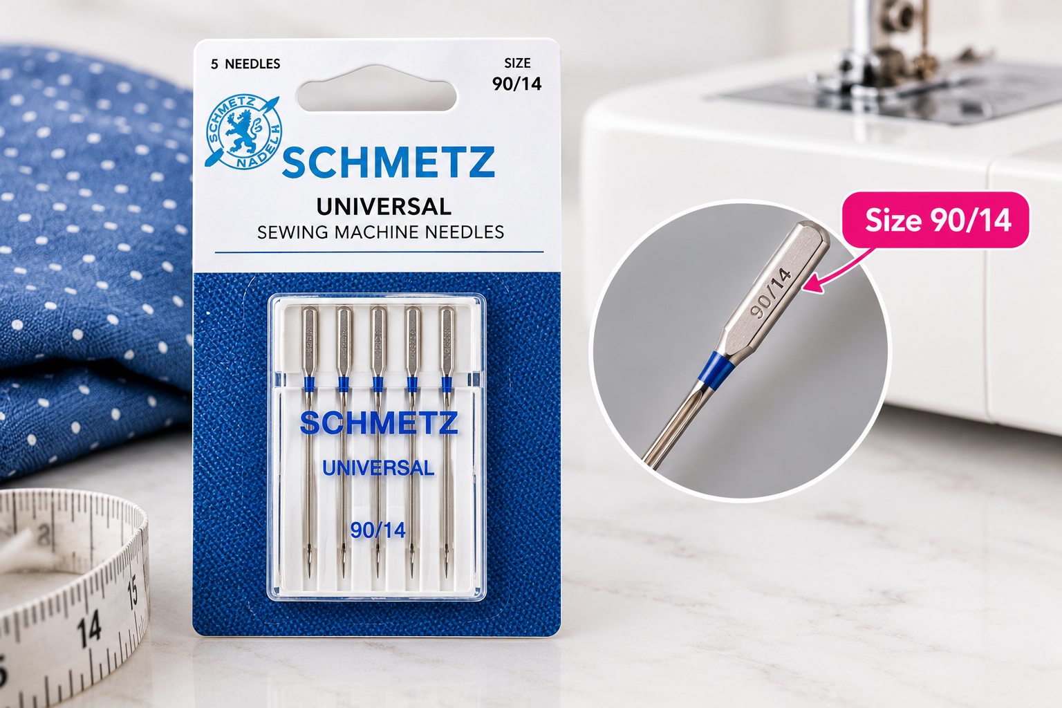 Schmetz Universal sewing machine needle packet showing size 90/14 with a close-up of the needle marking.