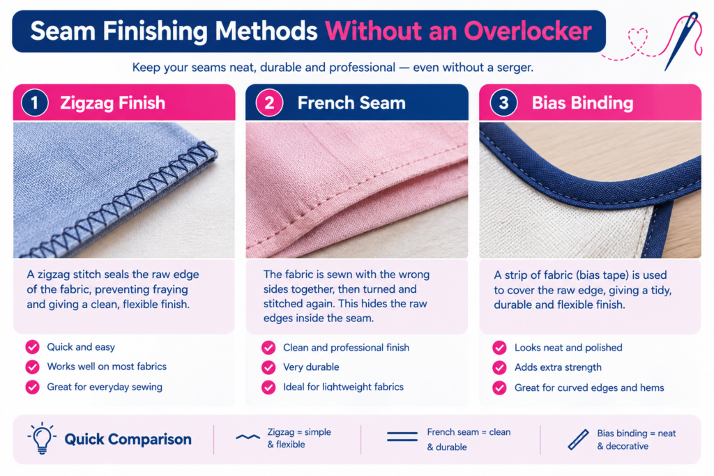 Seam finishing methods without an overlocker, showing zigzag stitch, French seam, and bias binding techniques.