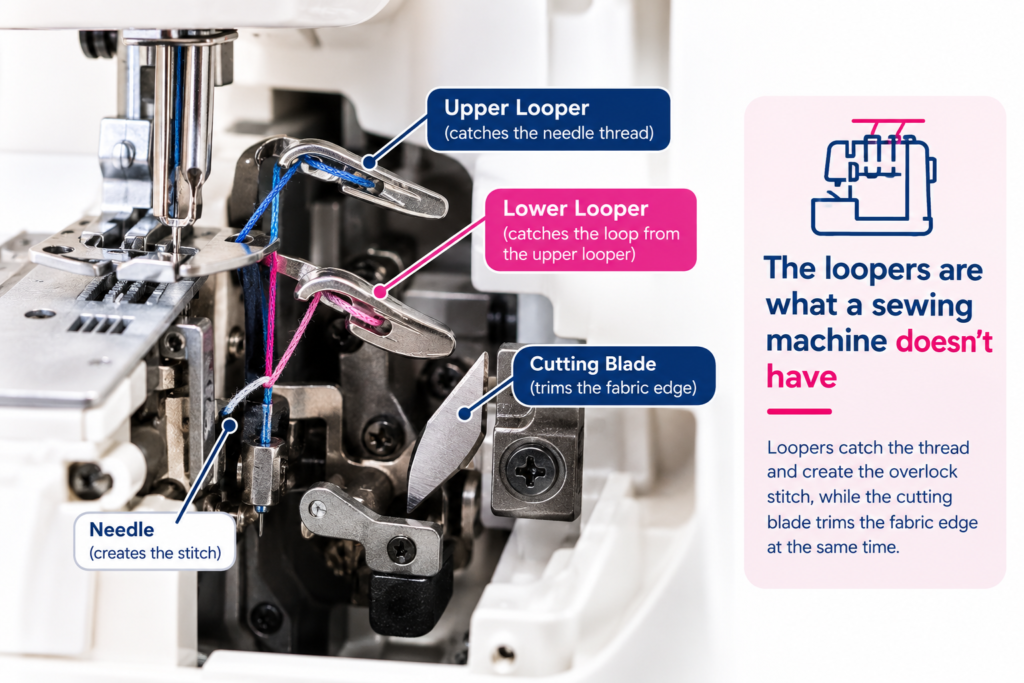 Close-up diagram of an overlocker’s internal components, showing the upper looper, lower looper, needle, and cutting blade.