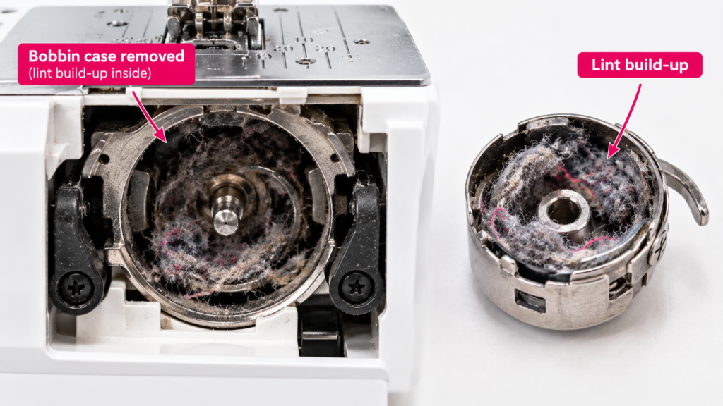 Close-up of a sewing machine bobbin area with the bobbin case removed, showing lint, dust and thread fibres building up inside the bobbin mechanism.