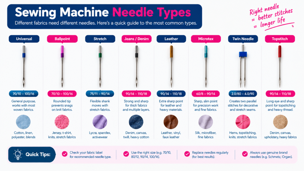 Sewing machine needle types guide showing universal, ballpoint, stretch, jeans, leather, microtex, twin, and topstitch needles, with recommended sizes, fabric uses, and sewing tips.