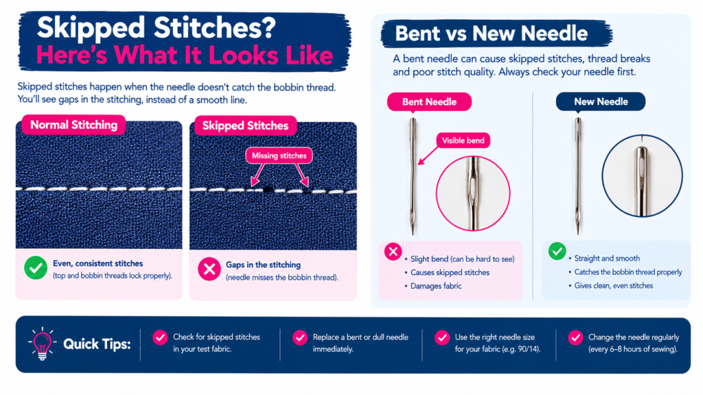 Sewing machine skipped stitches guide comparing normal stitching with missing stitches and showing the difference between a bent needle and a new needle, with troubleshooting tips.