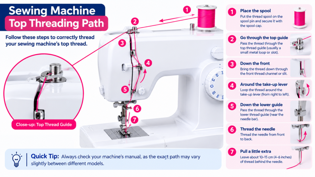 Diagram showing correct top threading path on a sewing machine