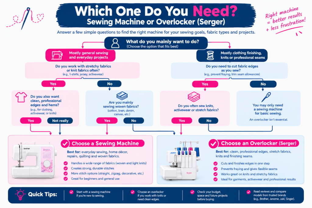 Sewing machine vs overlocker (serger) comparison flowchart helping beginners choose the right machine for everyday sewing, stretch fabrics, garment finishing and professional seams.