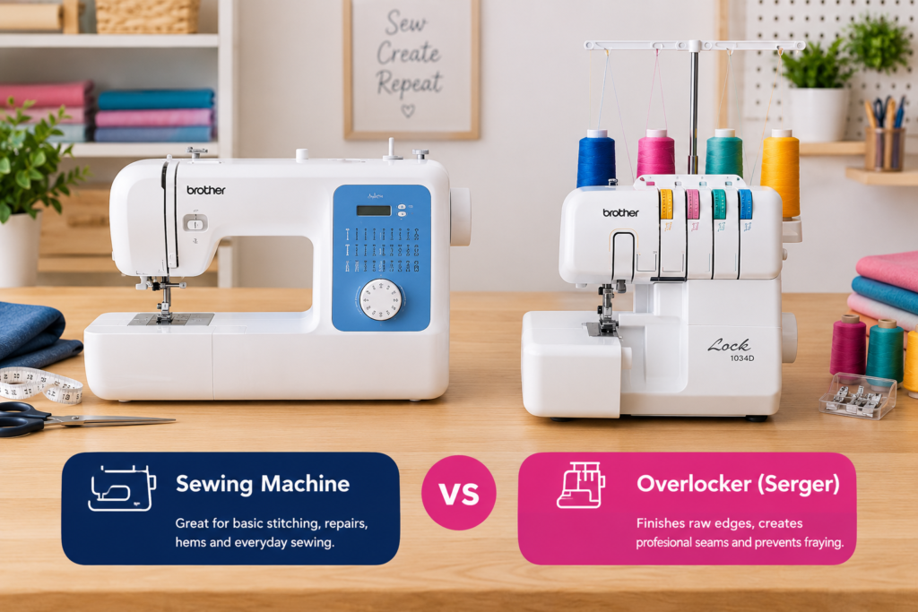 Sewing machine and overlocker (serger) side by side on a workbench, comparing their uses for everyday sewing and professional seam finishing.