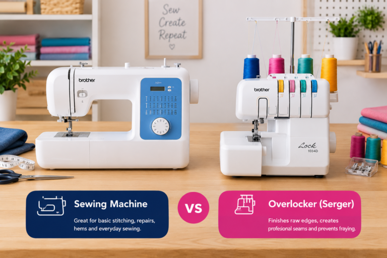 Sewing machine and overlocker (serger) side by side on a workbench, comparing their uses for everyday sewing and professional seam finishing.