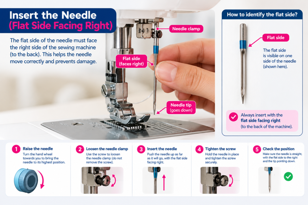 Step-by-step guide to inserting a sewing machine needle with the flat side facing right, showing the needle clamp, needle tip, and five installation steps.