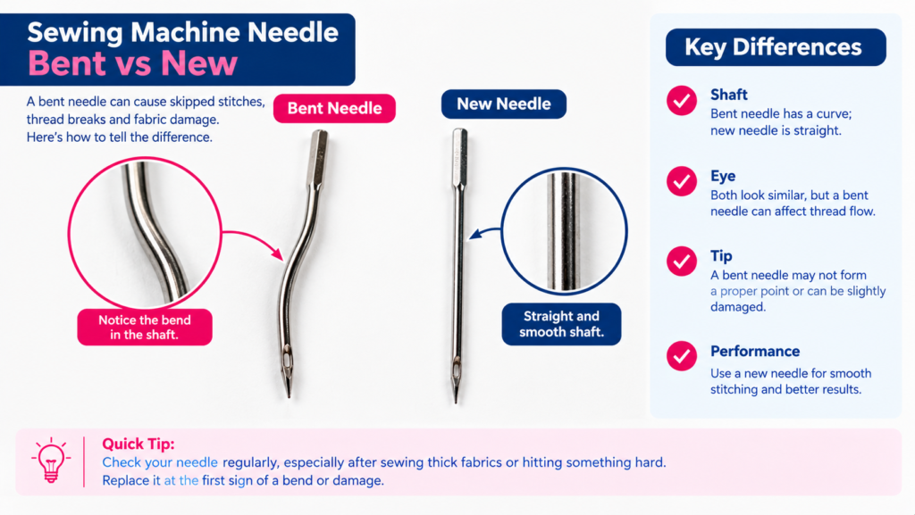 Side-by-side comparison of a bent sewing machine needle with a curved shaft and a new needle with a straight, smooth shaft, with magnified circular insets highlighting each shaft and a Key Differences panel on the right.